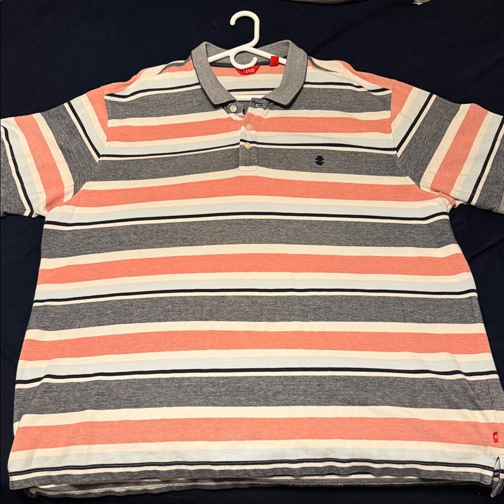 Izod Men's Polo Shirt with Gray, White, and Pink Stripes